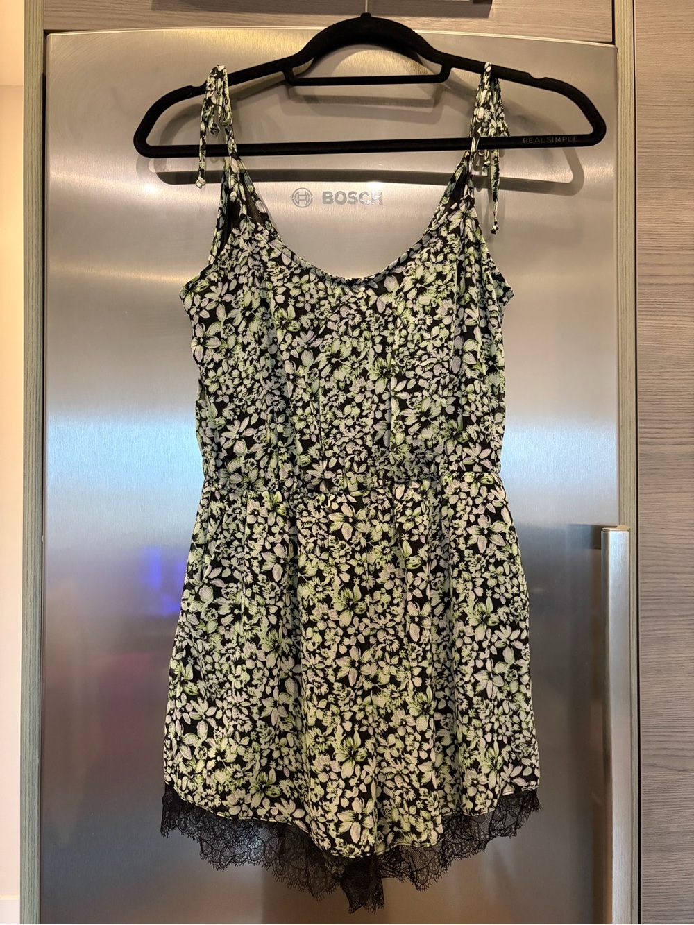 BCBGeneration Black Floral Tie-Shoulder Romper with Lace Trim